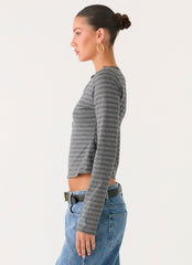Kaytra Long Sleeve Top - Grey Marle Stripe
