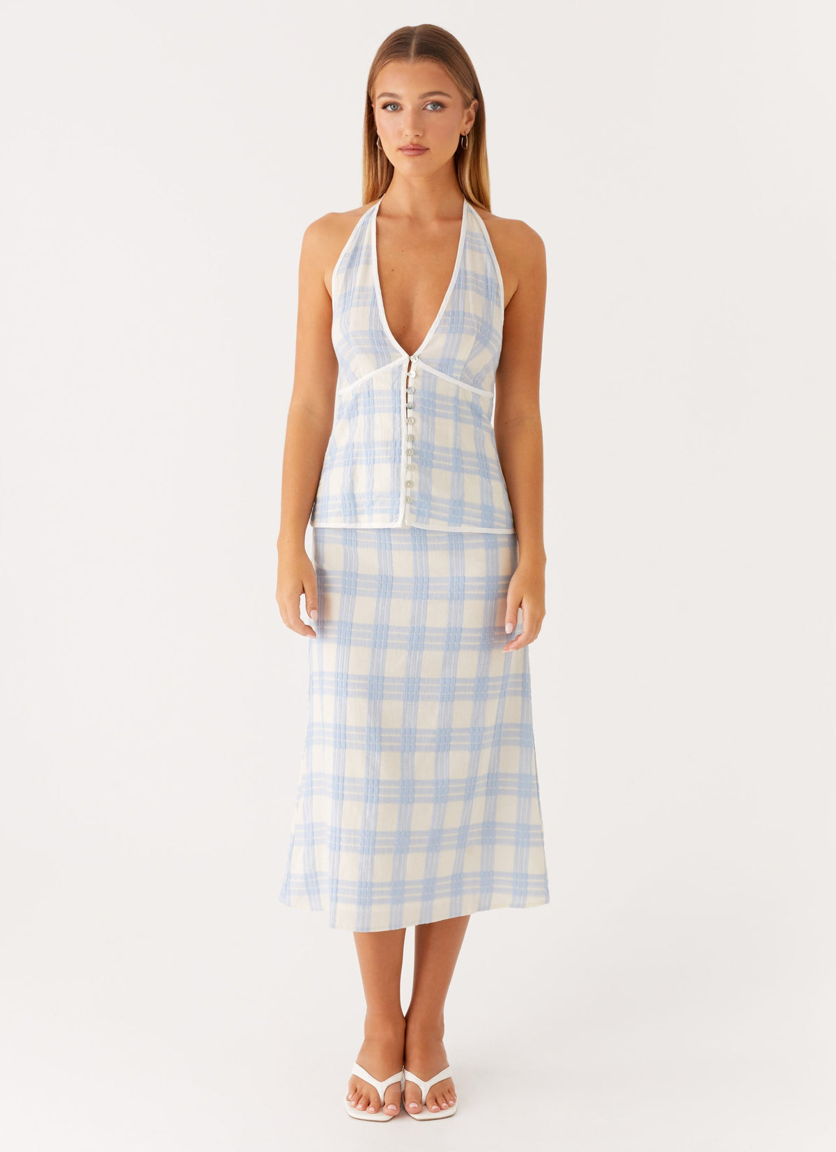 Esther Midi Skirt - Blue Check Seersucker