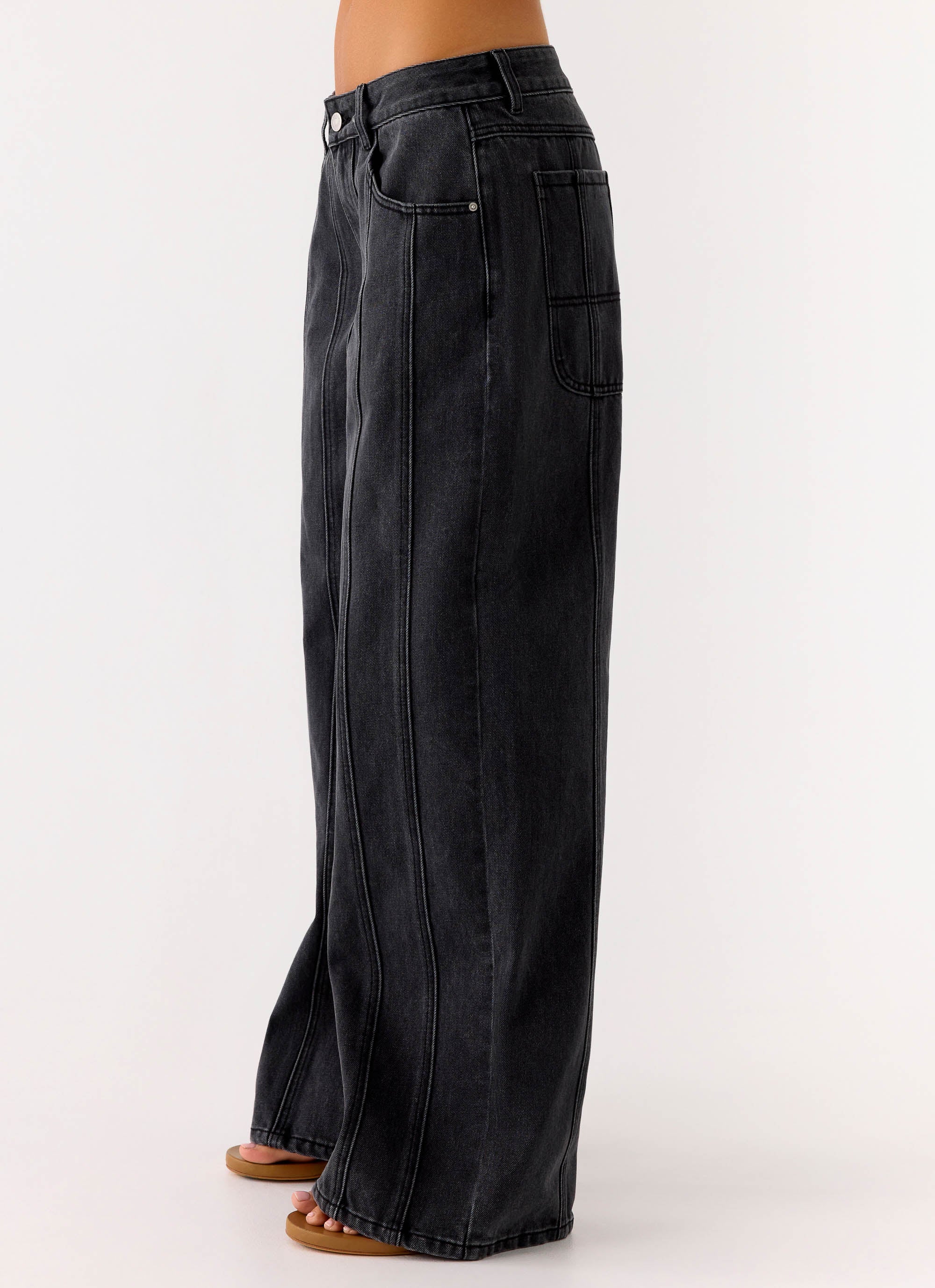 Johnny Low Rise Wide Leg Jeans - Grey Charcoal