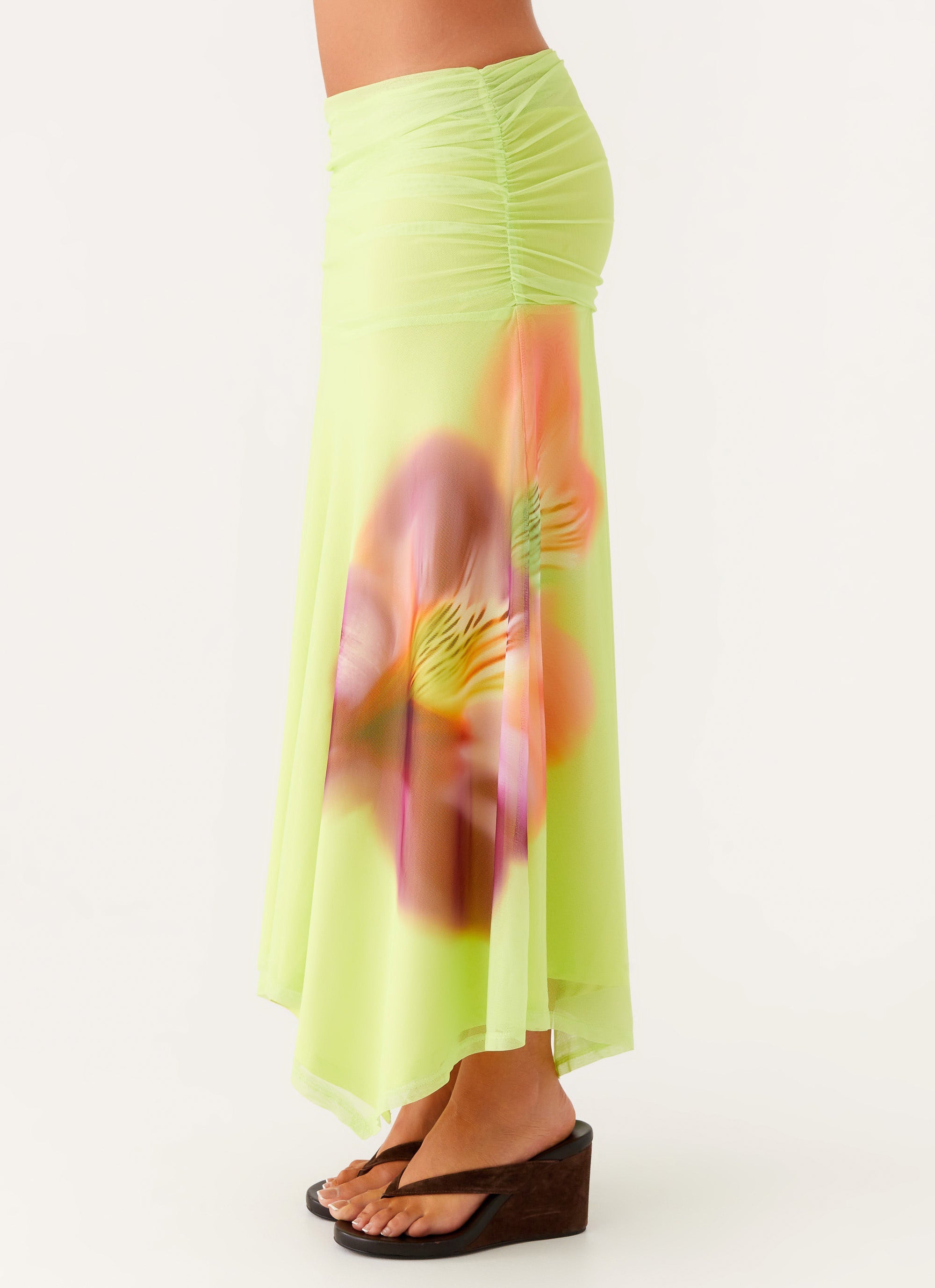 Liana Ruched Maxi Skirt - Green Tropical