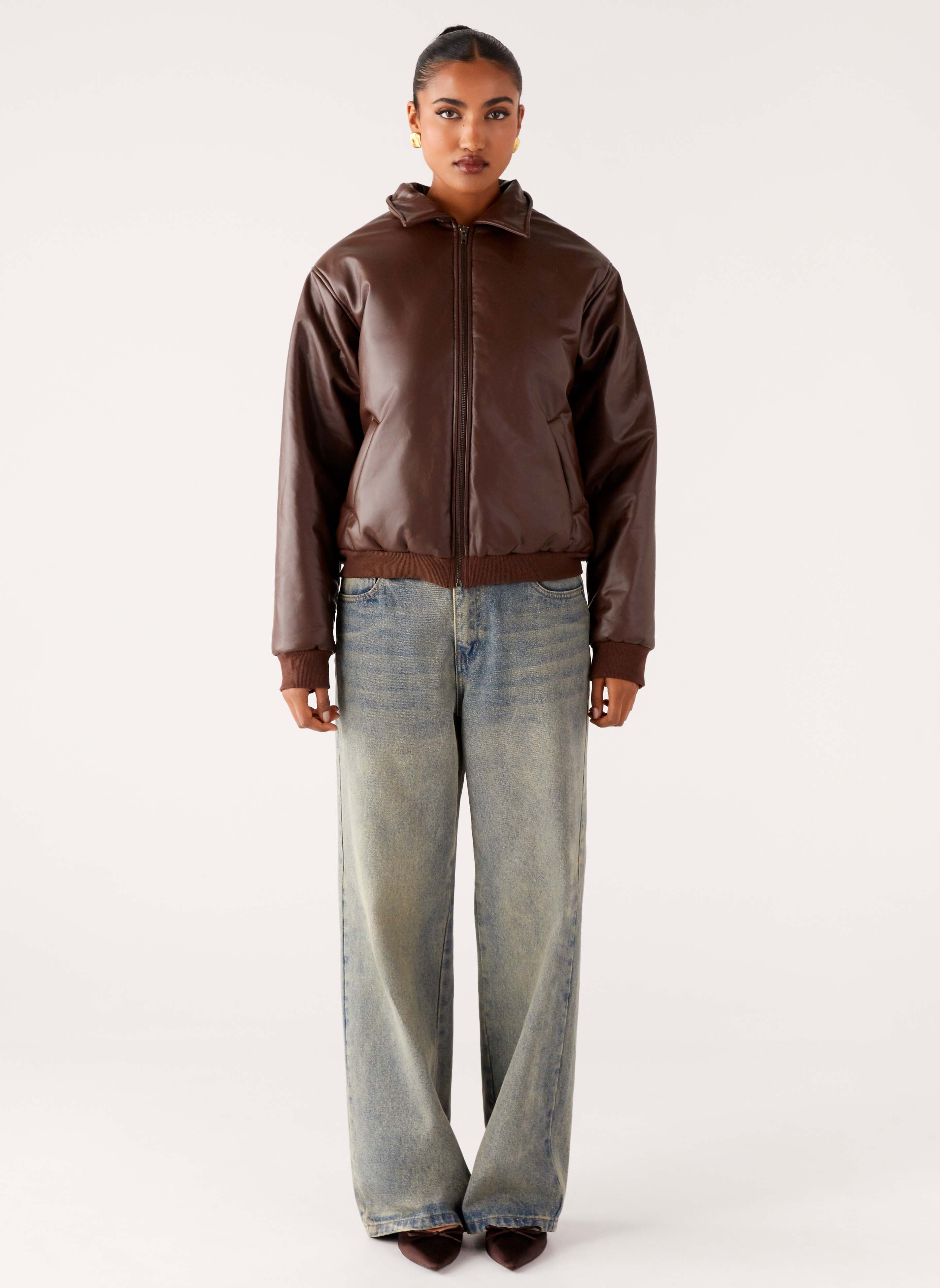 Outlands Faux Leather Bomber Jacket - Chocolate