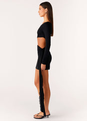 Wrapped Asymmetrical Mesh Dress - Black