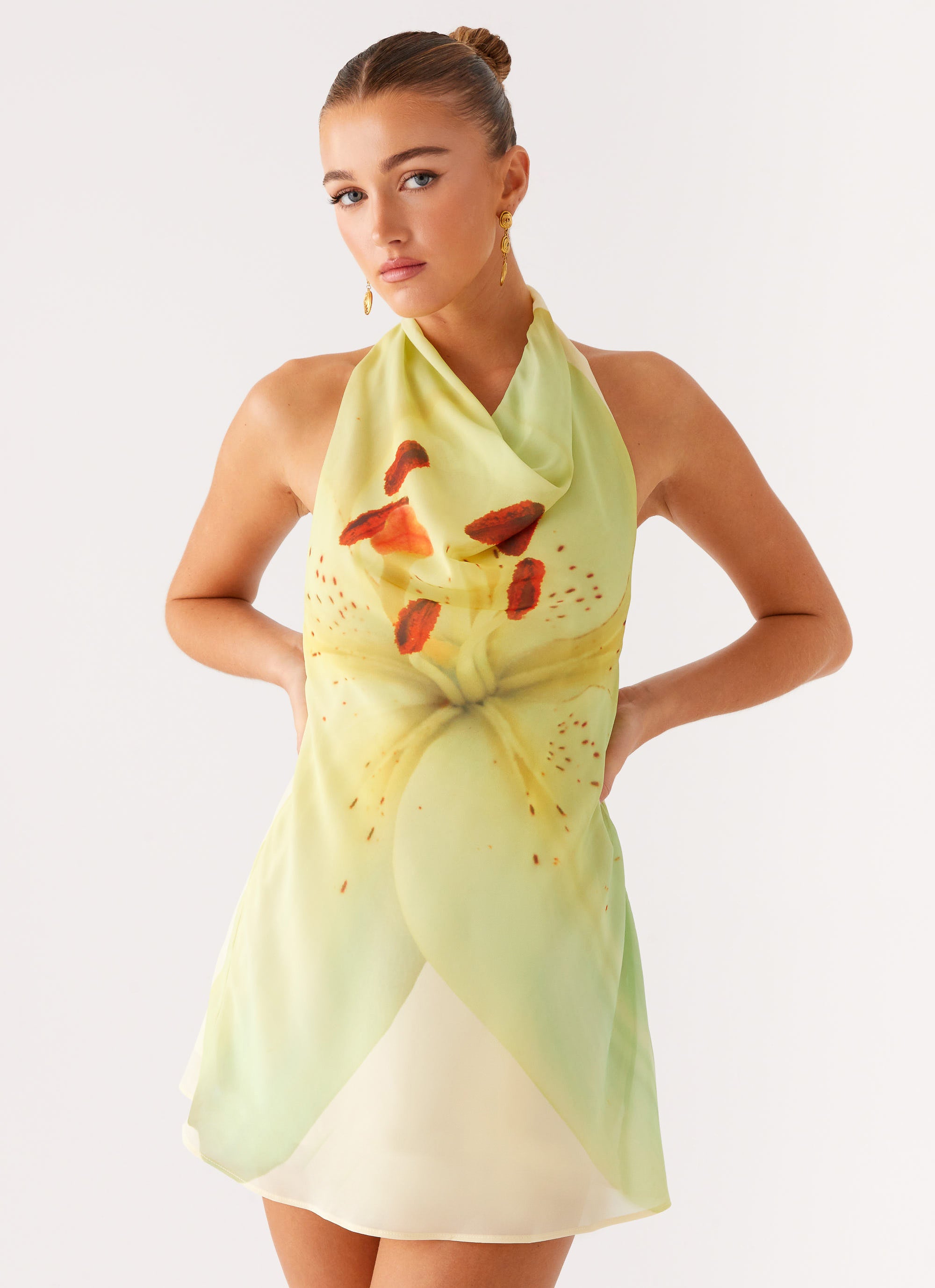 Zofia Cowl Neck Mini Dress - Green Floral